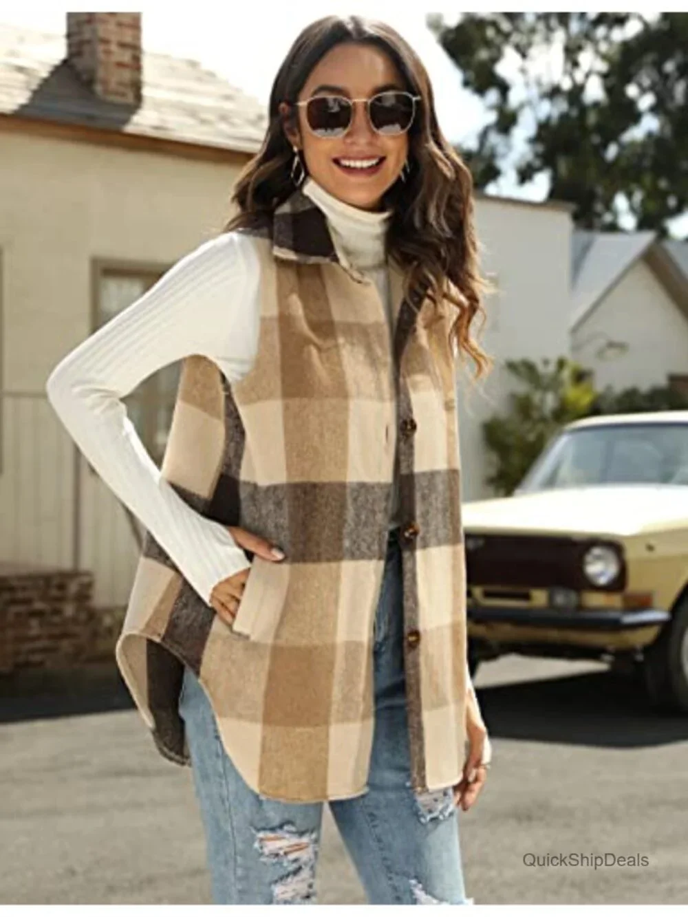 Womens Plaid Vest Sleeveless Brushed Cotton Flannel Shacket Jacket with Pockets